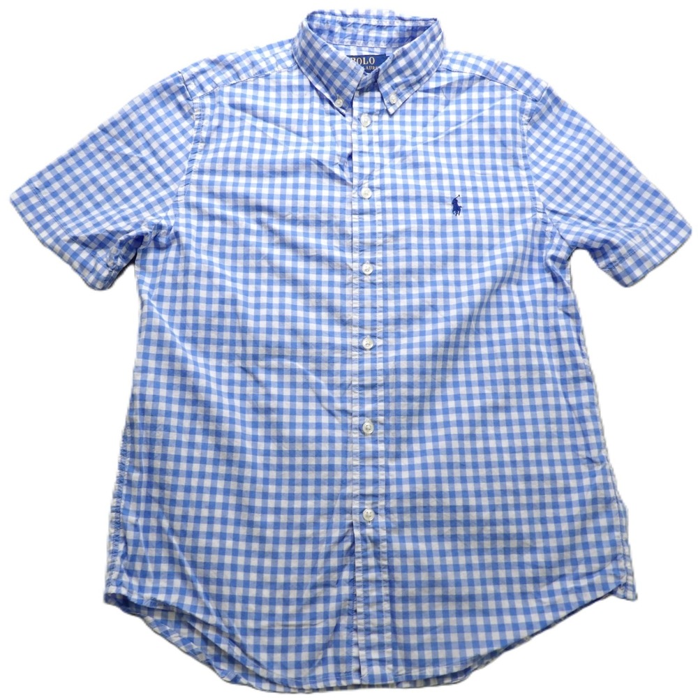 Polo Ralph Lauren Gingham Button-Up Shirt Boys L (14-16) Blue White Cotton Short